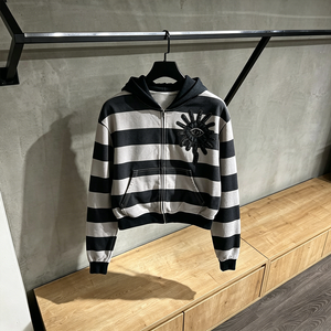 <span class=keywords><strong>Sudadera</strong></span> con capucha y cremallera completa para hombre, con rayas blancas y negras, parche bordado a mano de ojo turco, estilo cropped y boxy, streetwear - Product Image 1