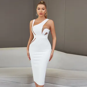 Vestido de noite branco para festa de quadril feminino sexy com ombro inclinado e bolsa apertada, verão 2024