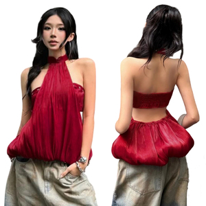 Top retro sexy sin mangas con cuello halter, lazo, bolsillo y dobladillo burbuja, estilo vacaciones - Product Image 1