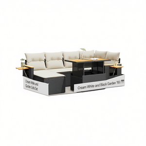 Ensemble de salon de jardin blanc crème et noir avec table, 6 places, en rotin, design contemporain - Product Image 1