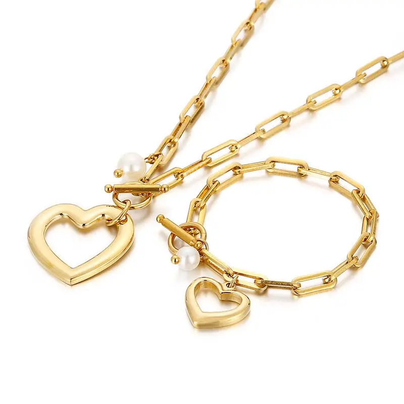 Fashion Ins Stainless Steel Bracelet Heart Charm Gold Plated Thick Link Chain Choker Necklace Women Girls Gold Jewelry
