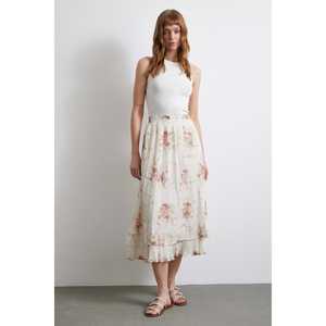 Falda Plisada con Volantes para Mujer, de Gasa, Cintura Elástica, Estampado Floral Suave, Color Crema, Largo Medio - Product Image 3