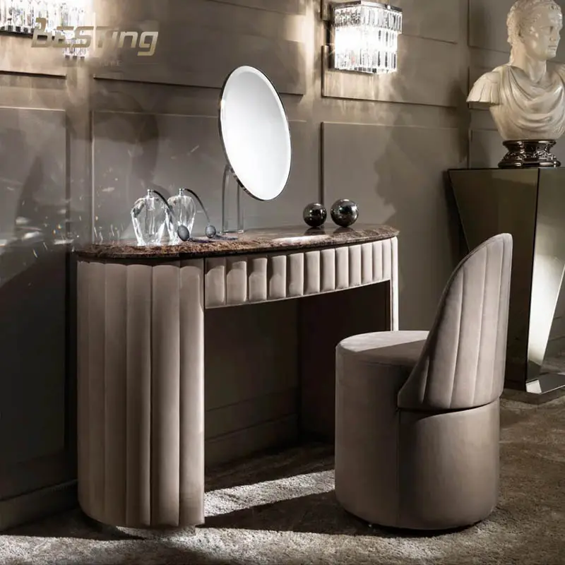 Desain Italia furnitur kamar tidur kelas atas desain meja rias kulit meja dengan cermin dan bangku