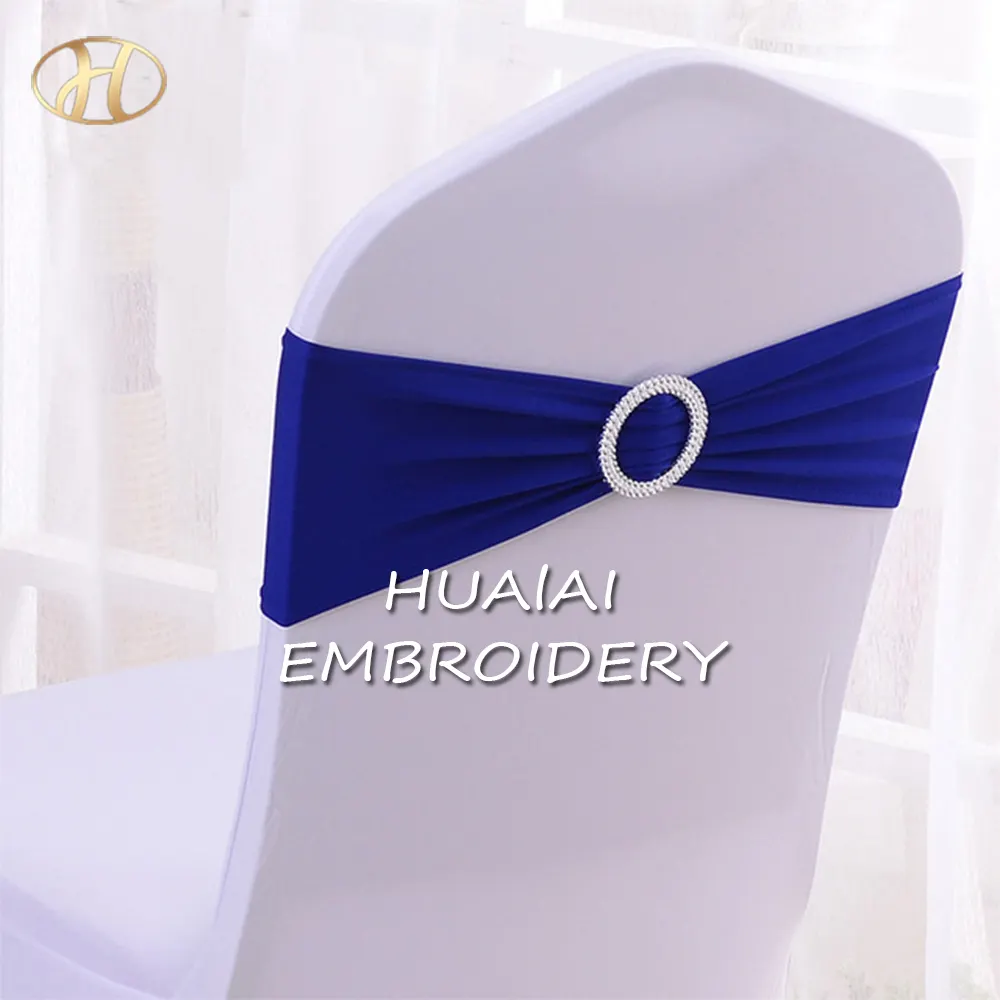 Полностью дешевый темно-синий белый эластичный чехол из спандекса для стула с поясом и пряжкой для свадебного банкета вечеринки