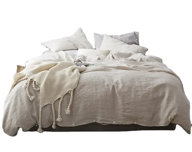 Parure de lit en lin délavé, Simple et opaque, Style de base, couette, Queen size, bleu clair, crème jaune, fermé avec boutons, 100%