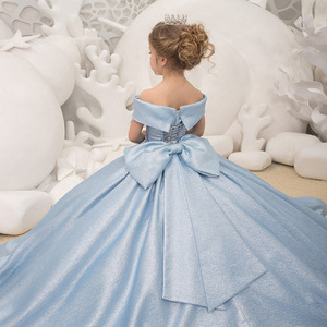 S2099R New Blue One Shoulder Satin Bow fairy High-end Sweet Temperament Hot Selling Flower Girl <b>Dress</b> - Product Image 4