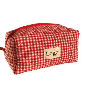 Quilted Makeup Pouch, Small Makeup Bag for <b>Purse</b>, <b>Cute</b> Cotton Puffy Cosmetic Bag Aesthetic Toiletry Bag for Women and Girls - Product Image 1