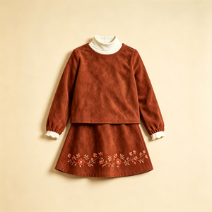 Robe personnalisée pour filles à manches longues avec faux col et jupe évasée brodée de fleurs, ODM pour l'automne-hiver et les fêtes - Product Image 2