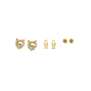 Fashion <b>Stud</b> <b>Earrings</b> 316L Stainless Steel PVD Gold Plating Cat Fish Rose Design Set - Product Image 2