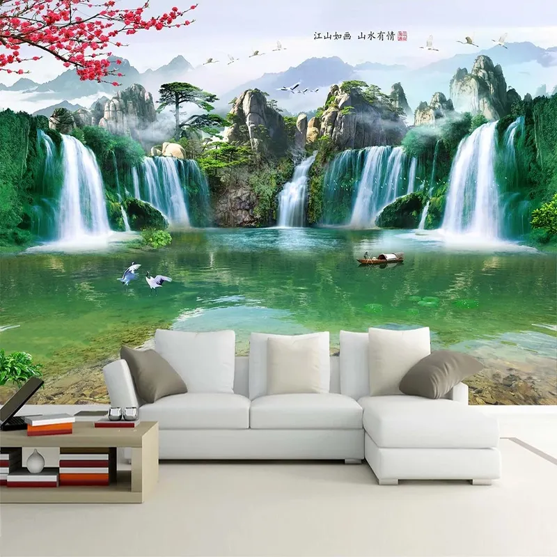 Custom Mural Chinese Style Mountain Water Waterfall Nature Landscape TV Backdrop Photo Wallpaper Living Room Dining Room Bedroom