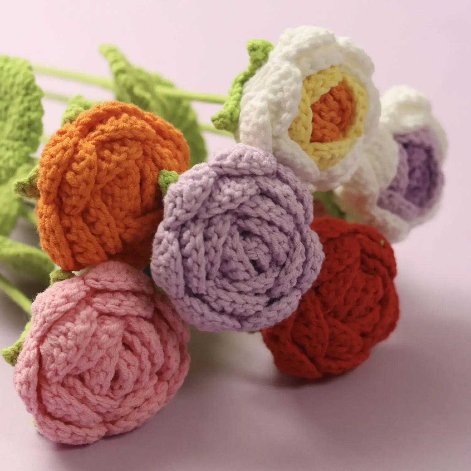 Fil de laine bouquet de fleurs roses crochet tige de rose tricot bouquet de fleurs roses artificielles