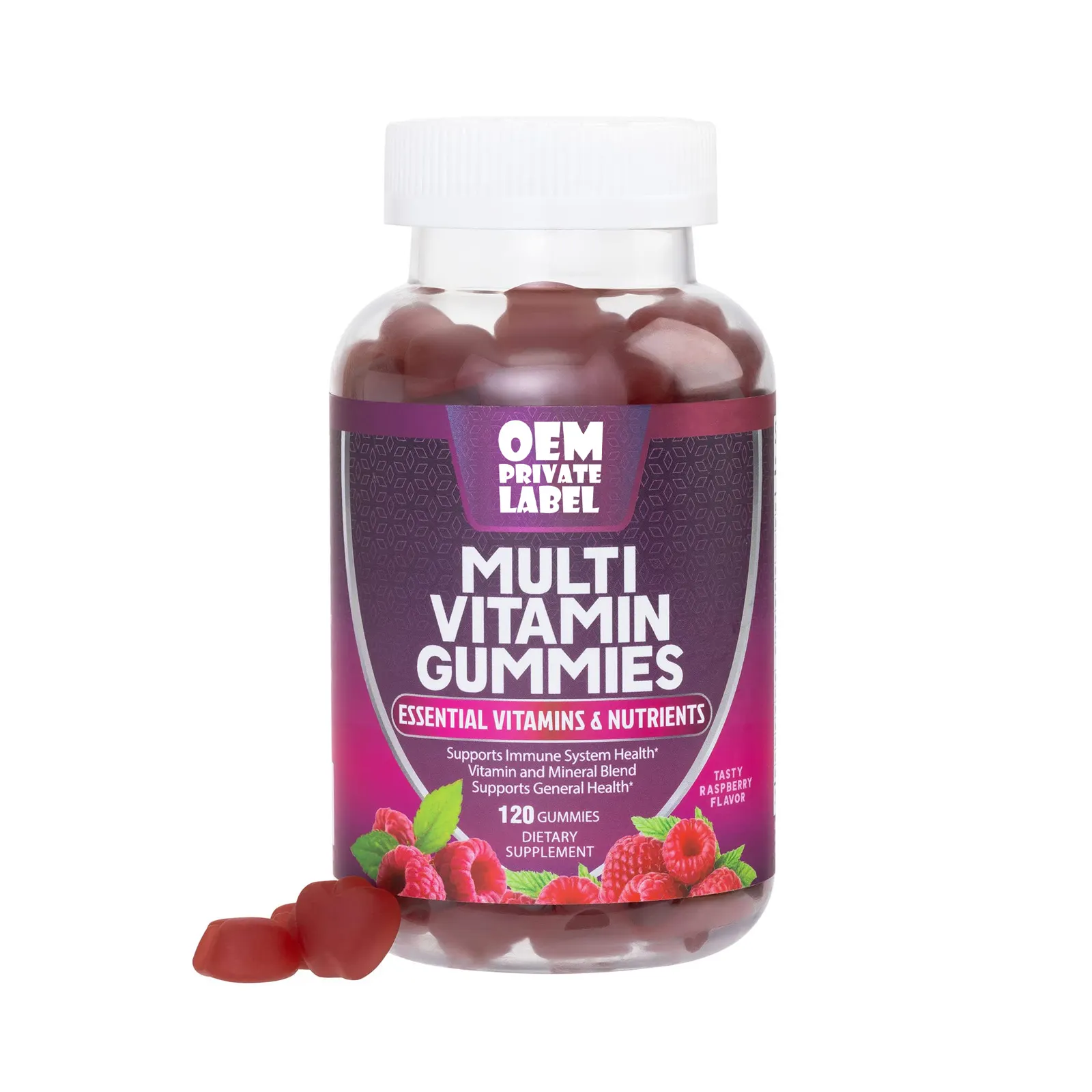 Oem Label Gummies Voor Immuunondersteuning Niet-Gmo 120 Gummies Met Frambozen Smaak Multivitamine & Zink Gezondheidszorg Supplement