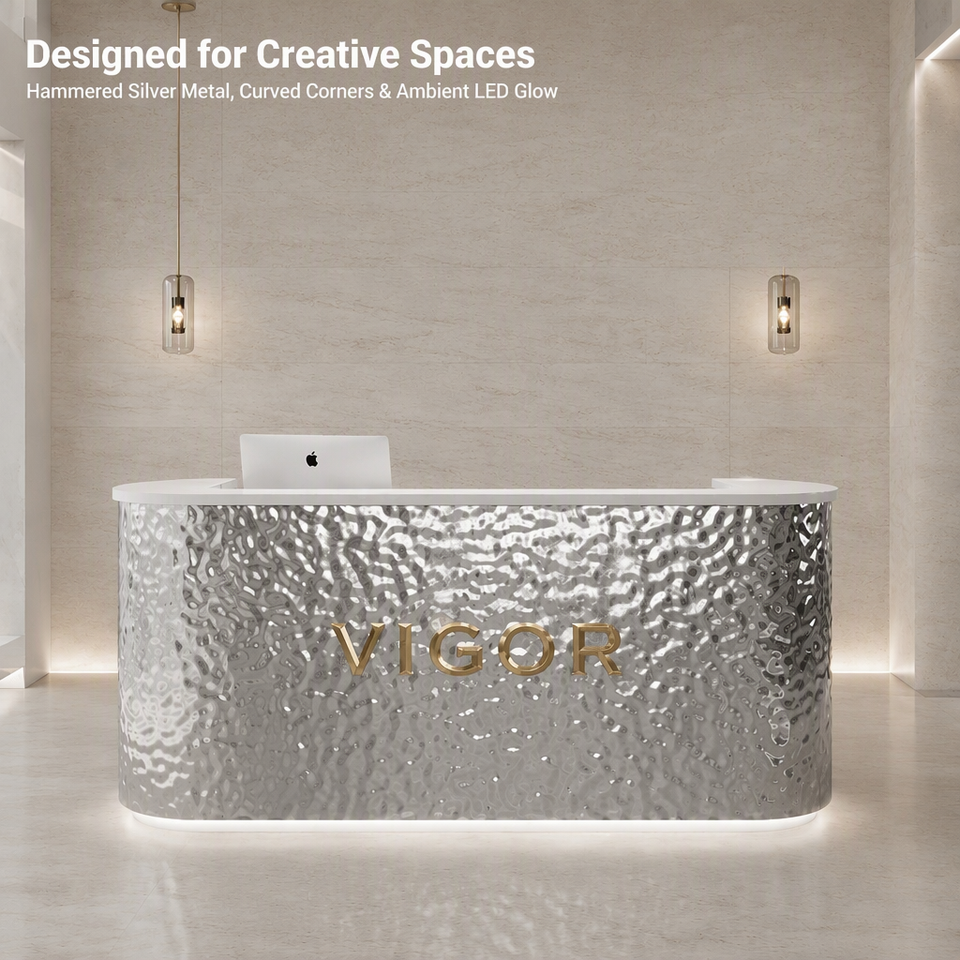 Luxury Hammered Texture Metal Reception Counter Curved Shape LED Light ...