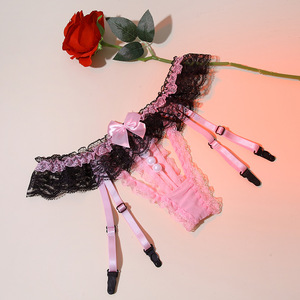 String sexy en dentelle à volants avec perles et entrejambe ouvert, avec <span class=keywords><strong>porte</strong></span>-jarretelles, pour femme, ensemble de lingerie exotique à nœud papillon et pinces à bas - Product Image 5