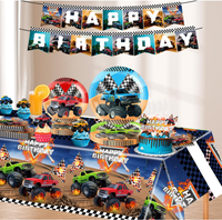 Ensemble de fournitures pour fête d'anniversaire Monster Truck : Assiettes, gobelets, serviettes, nappes, bannière, ballons, décorations de gâteau, fourchettes, vaisselle jetable