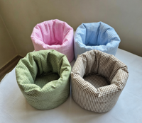 Panier de rangement rond en tissu coton gingham, plissé, pour cosmétiques de bureau, seau de rangement pliable en tissu pour articles divers et maquillage