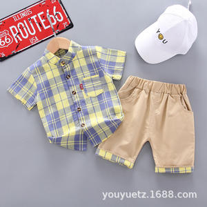 Commerce extérieur Style coréen tenue d'été enfants garçons filles à la mode deux pièces décontracté chemise en coton à manches courtes ensemble Plaid Stand - Product Image 2