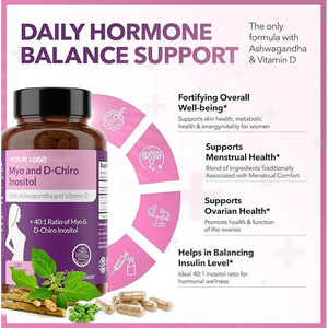 Cápsulas de Mio-D-Chiro-Inositol 40:1 con Ashwagandha y Vitamina D3, Suplemento para el Equilibrio Hormonal, Venta al Por Mayor, Servicio CDMO - Product Image 4