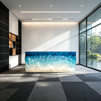 Expédition immédiate : Bureau d'accueil moderne en résine coulée, motif vague océanique bleu et blanc, finition brillante, écologique et durable, pour salon