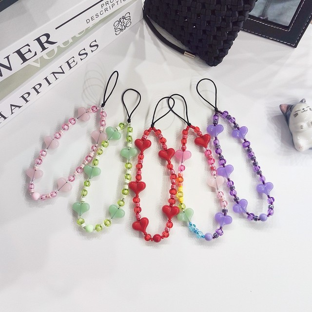 Colorful Clear Beads Phone Lanyard Y2K Heart Phone Charm Cellphone Decorated Chain Strap Accessories