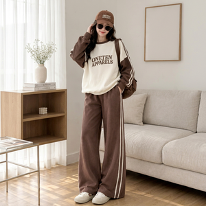 <b>Women's</b> Brown <b>White</b> Color Block Printed 2-in-1 Lightweight Polyester/Cotton <b>Tracksuit</b> Set Full Sleeve Turtleneck Zipper Sporty - Product Image 1