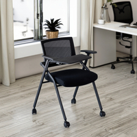 Chaise de bureau moderne en maille avec table intégrée et tableau d'écriture, base coulissante pliable, réglage manuel pour formations et réunions