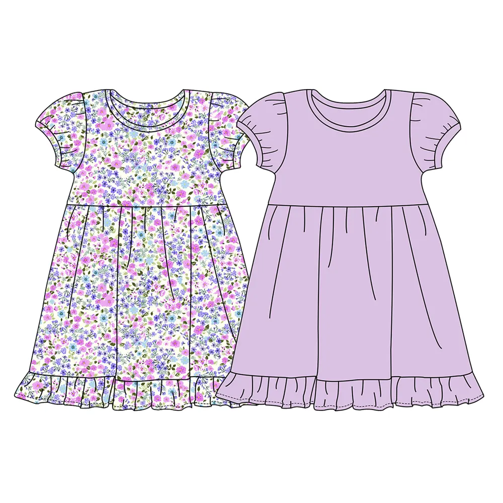Toptan çocuklar çiçek baskı % 100% pamuk puf kollu küçük kız elbise günlük elbiseler