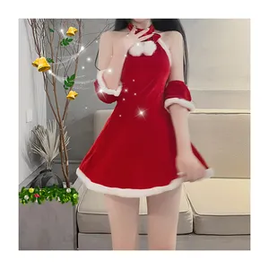 क्रिसमस की पोशाक लाल पॉलियामाइड सामग्री, कंधे की खुली पीठ के कपड़े