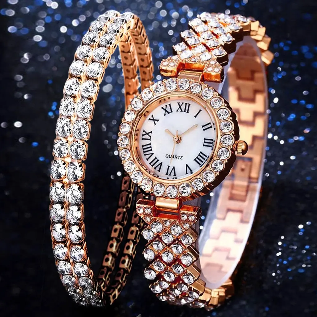 Luxury Full Crystals Diamond Watch Double Layer Diamond Bracelet For Women Watch