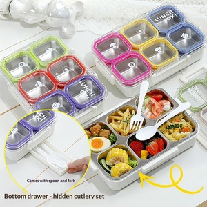 Boîte à lunch isotherme en acier inoxydable 304 de qualité alimentaire à six compartiments avec fourchette et cuillère intégrées - Product Image 3
