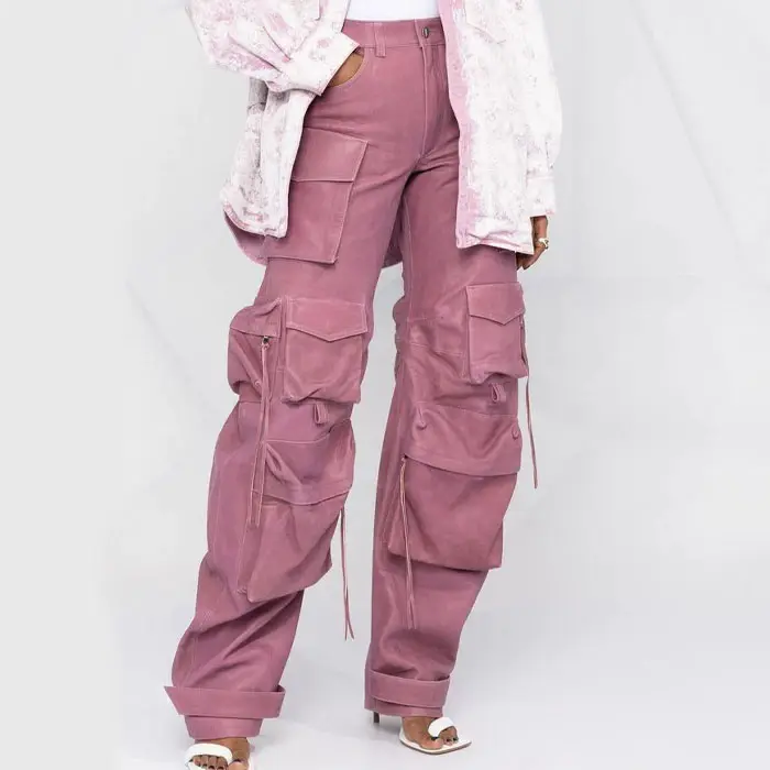 Women High Waist Multi Utility Pockets Straight Leg Cargo Pants Punk Style Pink Faux Leather Baggy Stacked Trousers