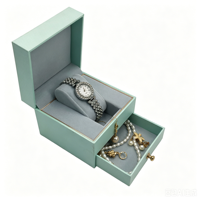 Boîte cadeau de luxe carrée à double couche pour montres et bijoux, avec tiroir, en papier écologique de qualité supérieure, coussin en velours et garniture or rose