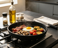 Plaque de service ronde en fonte épaisse pré-culottée pour la restauration, idéale pour les steaks, avec logo personnalisé OEM, ustensile de cuisson professionnel