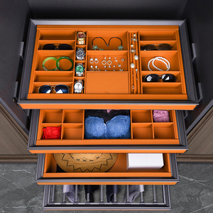 Cajones Organizadores de Ropa Deslizantes de Lujo Modernos en Aluminio y Cuero Naranja para Dormitorio - Product Image 1