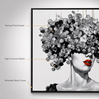 Peinture sur toile murale personnalisée en gros, motif couronne florale 3D, femme surréaliste noir et blanc, lèvres rouges, pour décoration de galerie et de salon