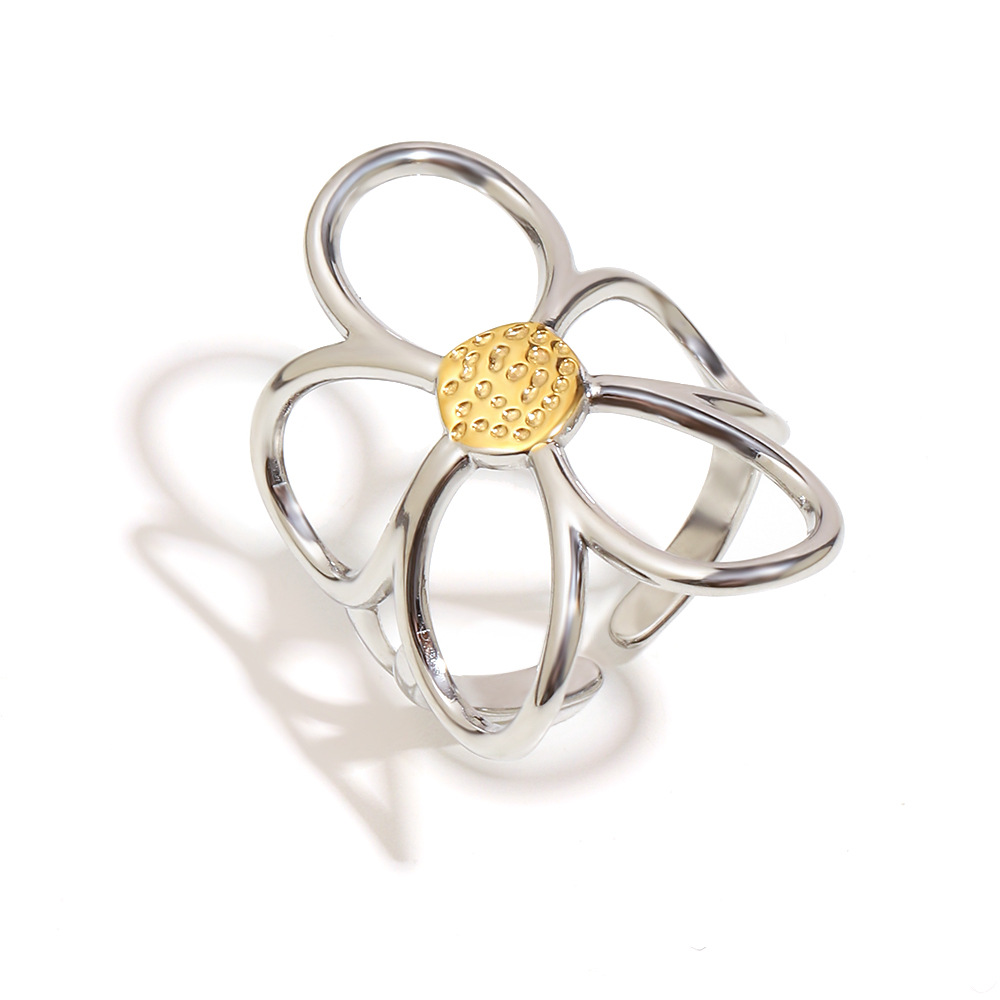 Anillo de apertura de flor de línea de plata dorada