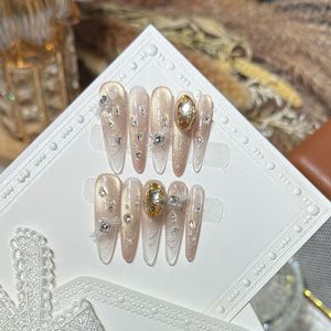 Uñas Postizas de Lujo con Diseño de Ojo de Gato y Manicura Francesa, Decoradas con Cristales de Rhinestone, Hechas a Mano - Product Image 3