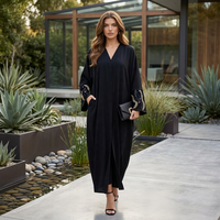 Abaya noire modeste pour femmes musulmanes, broderie dorée motif blé, robe islamique élégante décontractée et formelle en polyester, vente en gros