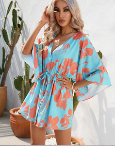 Vestido Mini de Playa con Cinturón, Cuello en V, Manga Media, Estampado Digital, Estilo Bohemio Vintage para Mujer, Ideal para Vacaciones y Salidas - Product Image 3