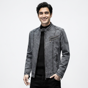 Veste en jean en coton pour homme avec fermeture éclair Veste de moto sportive brodée Design col rabattu Veste finie - Product Image 1