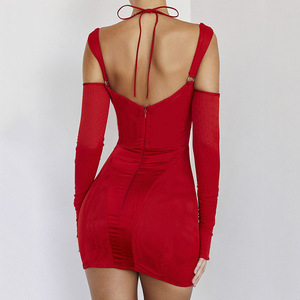 Vestido ajustado rojo sin espalda para mujer con mangas largas y diseño recortado, minifalda de punto elástico para la moda de otoño - Product Image 2