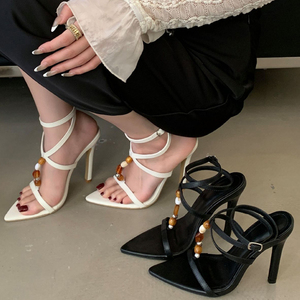 Escarpins à talons hauts pour femmes, décorés de perles porte-bonheur, à bout ouvert pointu, à bride en T, avec boucles à brides croisées, style sandales de soirée - Product Image 3