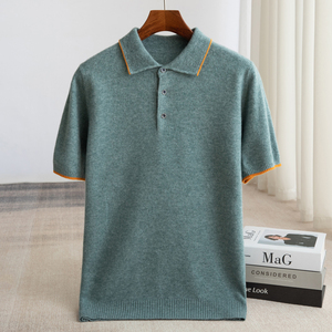 Maglietta a Collo Alto in Pura Lana 100% per Uomo, Nuova <span class=keywords><strong>T</strong></span>-<span class=keywords><strong>Shirt</strong></span> a Maniche Corte con Blocchi di Colore, Logo Personalizzato OEM ODM Produzione all'Ingrosso - Product Image 3