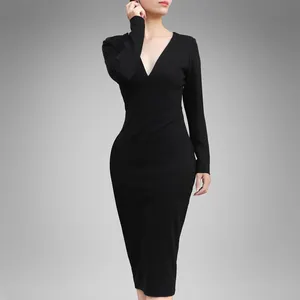 Nouveau Design de mode Simple à manches longues col en v robe Sexy pour femmes élégante maille noire dos nu robes longues OEM/ODM personnalisé