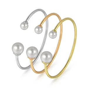 Fashion Stainless Steel Gold Silver Rose Bangle Open Large Pearl Women Gold Bracelet Wholesale