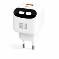 65W Schnellladegerät mit Digitalanzeige, Emoji-Gesichtsmodus, Klappstecker, USB-C USB-A Dual-Port für Laptop, Tablet, Handy, Reisen