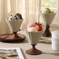 Cawan Es Krim Keramik Beralur dengan Alas Kayu Solid, Mangkuk Dessert Berlekuk 150ml, Set Penyaji Parfait Vintage