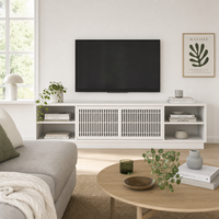 Unit Konsol TV Nordik Modern 3-Bagian Pintu Geser Vertikal Berjajar dengan Kaki Kayu Ek Putih OEM