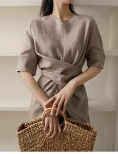 Abito Midi a manica media personalizzato con nodo avvolgente minimalista, realizzato in lino, ideale per uscite Casual alla <span class=keywords><strong>moda</strong></span> - Product Image 3