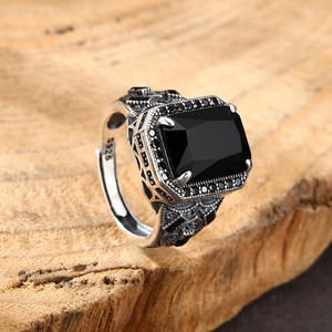 Grosir S925 perak cincin terbuka <span class=keywords><strong>Retro</strong></span> trendi Thai perak hitam batu akik ukiran pria wanita cincin perhiasan pribadi - Product Image 2